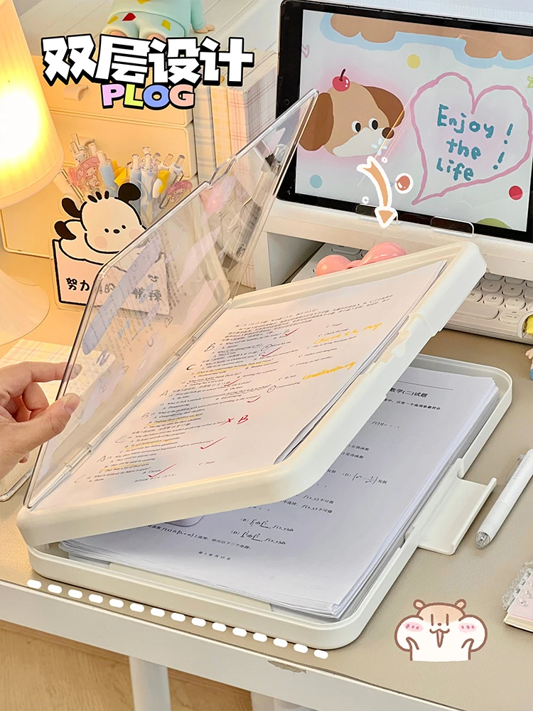 A4 Document Storage Box Double Layer Clipboard Cute Organizer With Lovely Stickers Desk Holder For Student Homework Docs