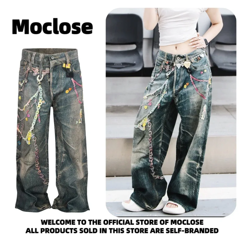 American Streetwear Vintage Candy Chain Print Wide Leg Jeans, Unisex Loose Straight Leg Baggy Denim Pants