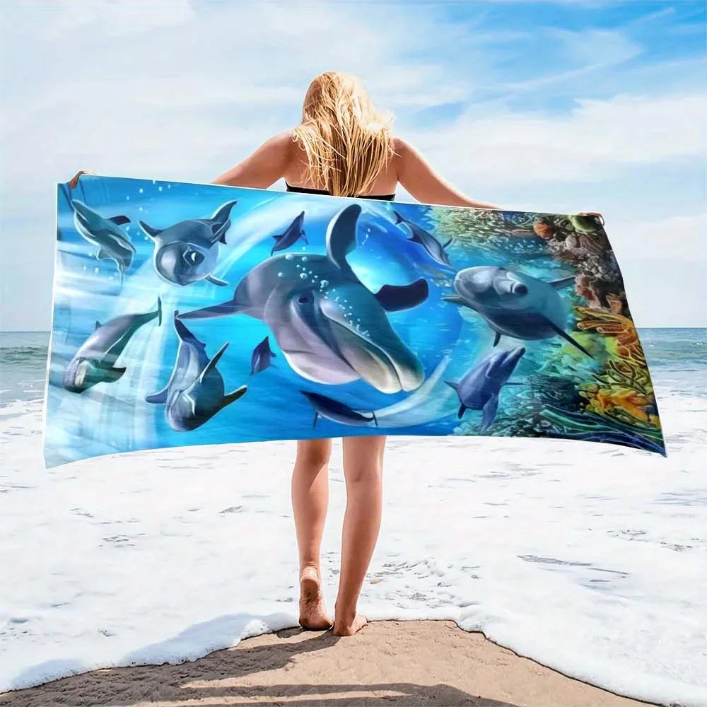 1pc White Ocean Vibes Dolphin Print Oversized Microfiber Beach Scarf Blanket Towel - Quick-Dry Sand-Free Lightweight Portable