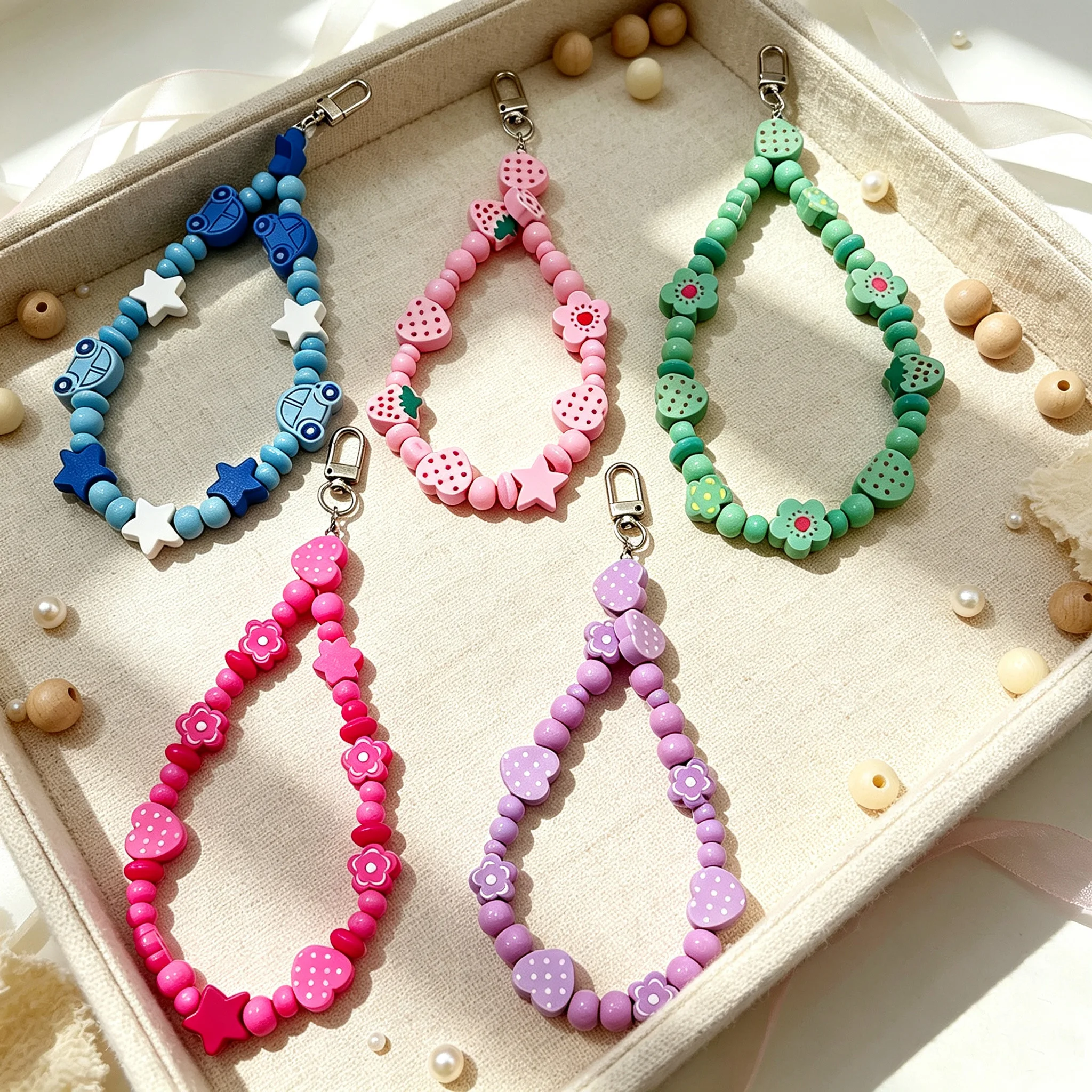 Wooden Beaded Phone Charm Strap Cute Car Star Flower Heart Pendant Keychain Bag Accessories For Women Girls Kids Gift
