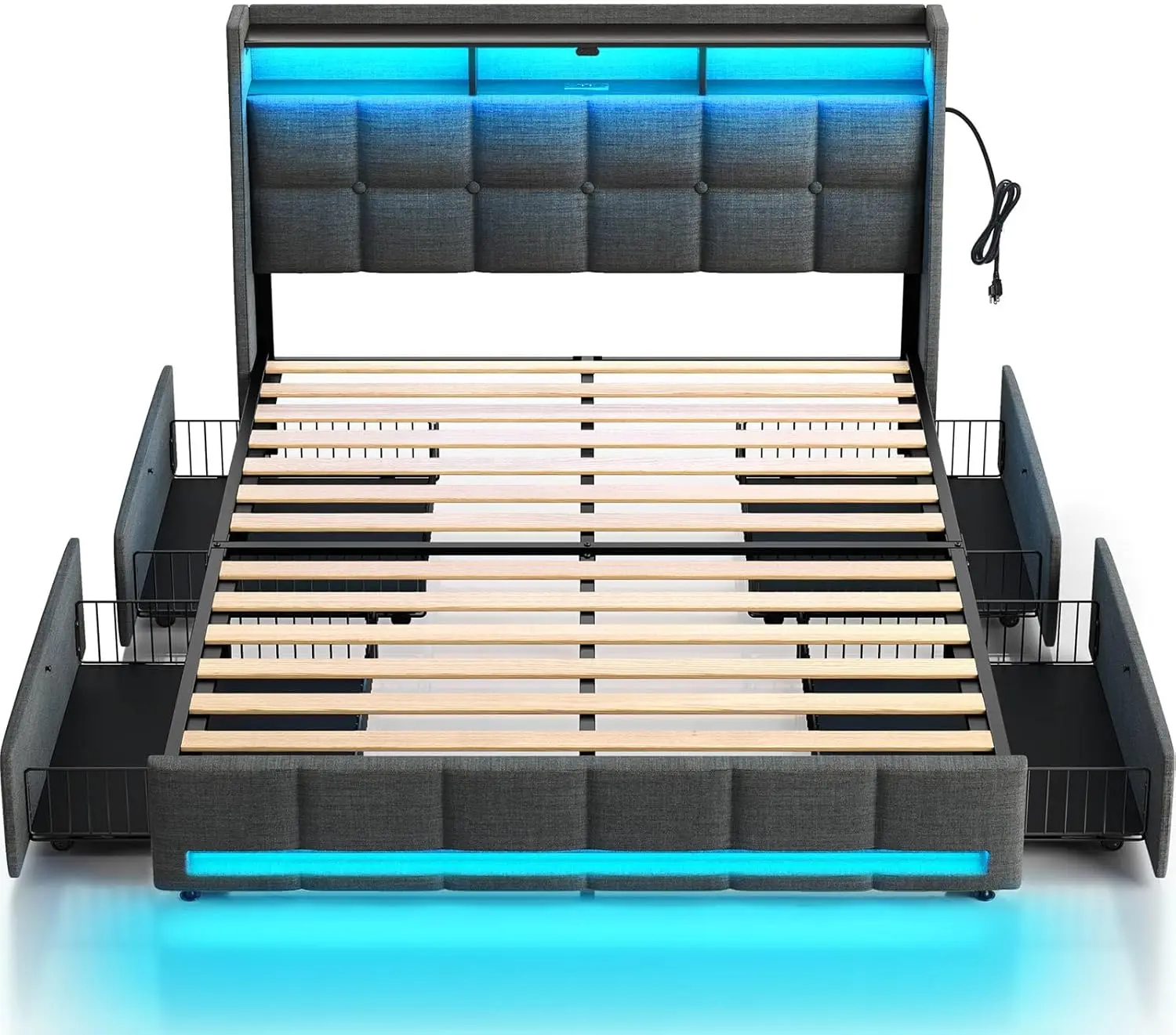 Cadre de lit Queen Size avec lumières LED et station de charge, planche de sauna et de proximité, rangement de lit en solution, rapDuty Woo