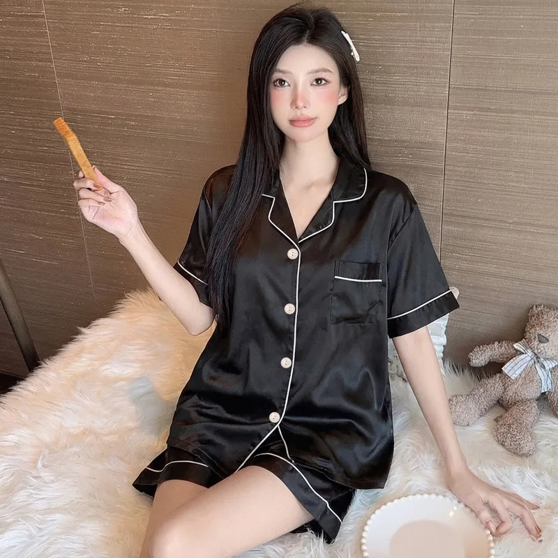 

Korean-Style Girls' Sleepwear: Short-Sleeve Top and Shorts, Ice-Silk, Summer, Black, Simple, Loose-Fit, Collared Loungewear