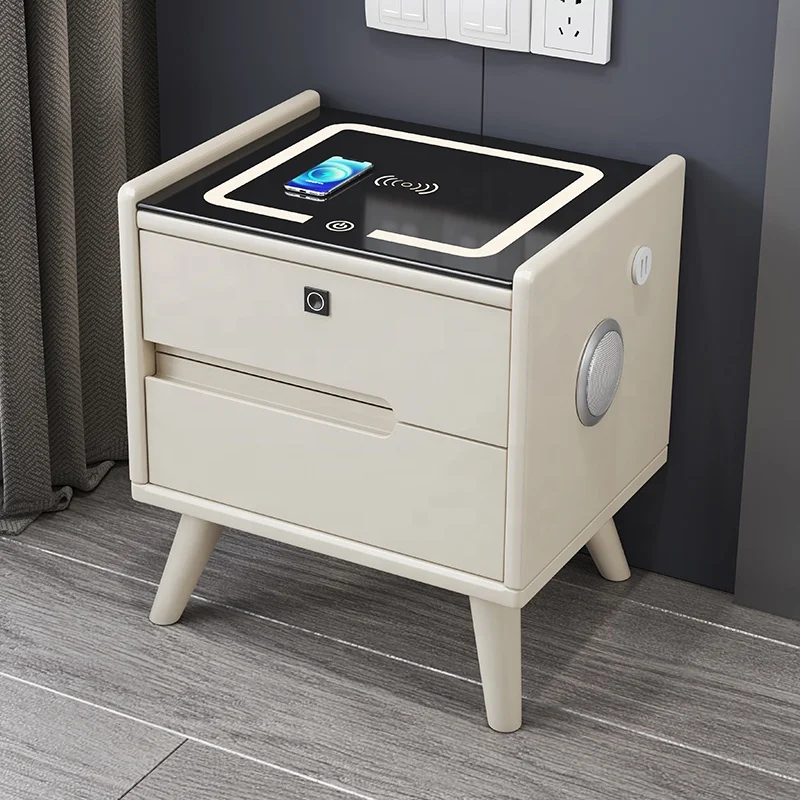 All solid wood smart bedside table, simple modern environmentally friendly paint bedside table, multi-functional locker