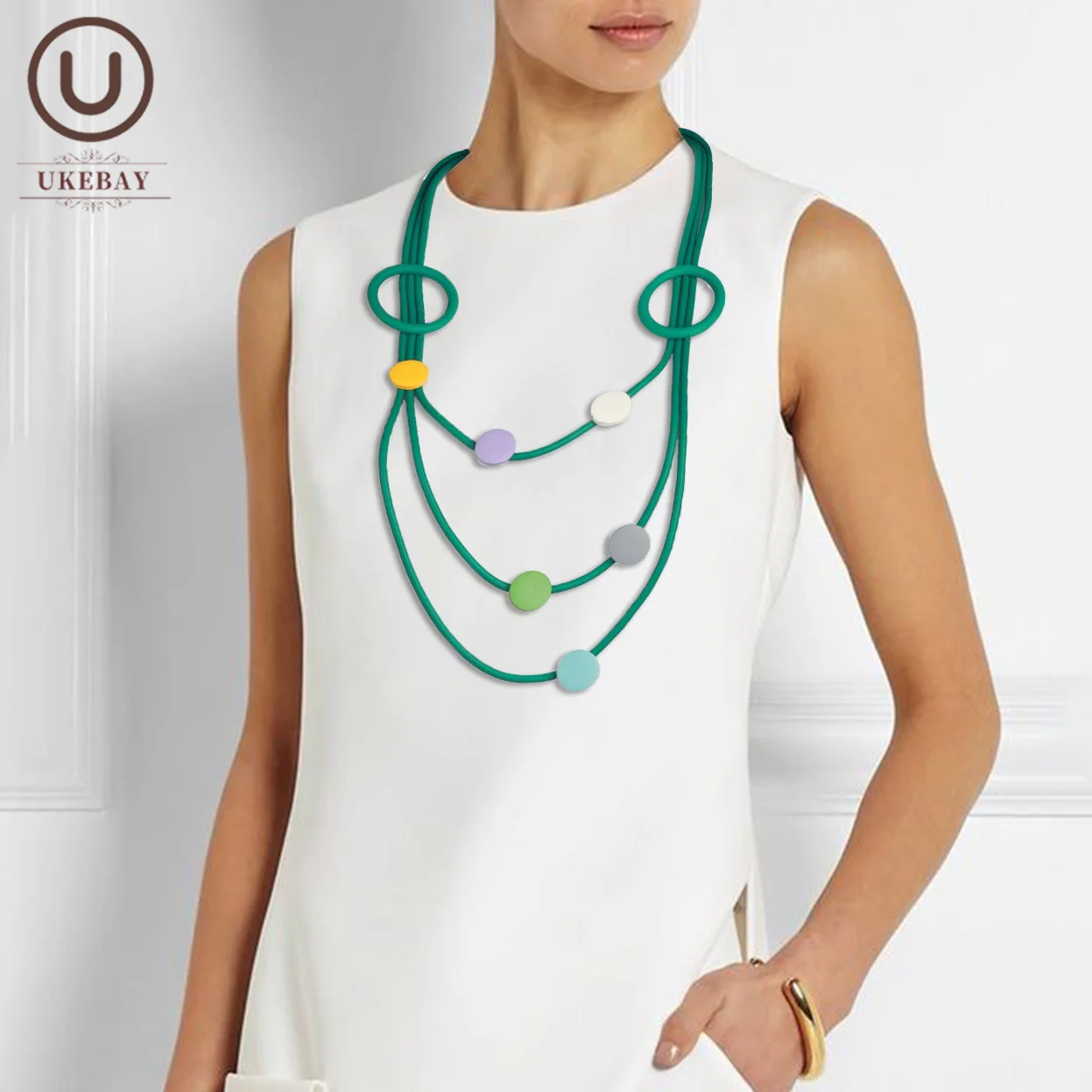 UKEBAY New Handmade Gothic Multi-color Disc Wood Accessories Rubber Chain Three-color Optional Women Jewelry Collar Necklace