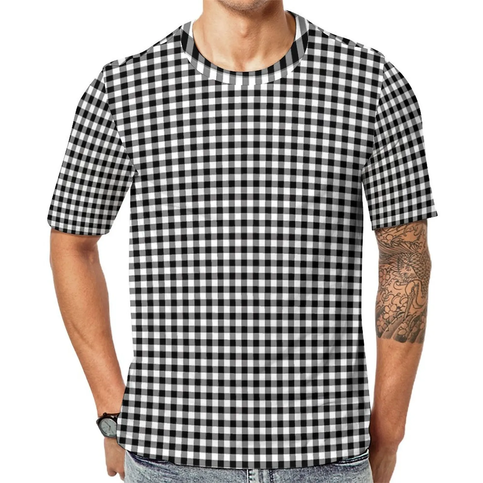 Men Black And White T-Shirt Check Print Vintage T Shirts Short Sleeve Custom Tops Dropshipping Summer Classic Oversized Clothes