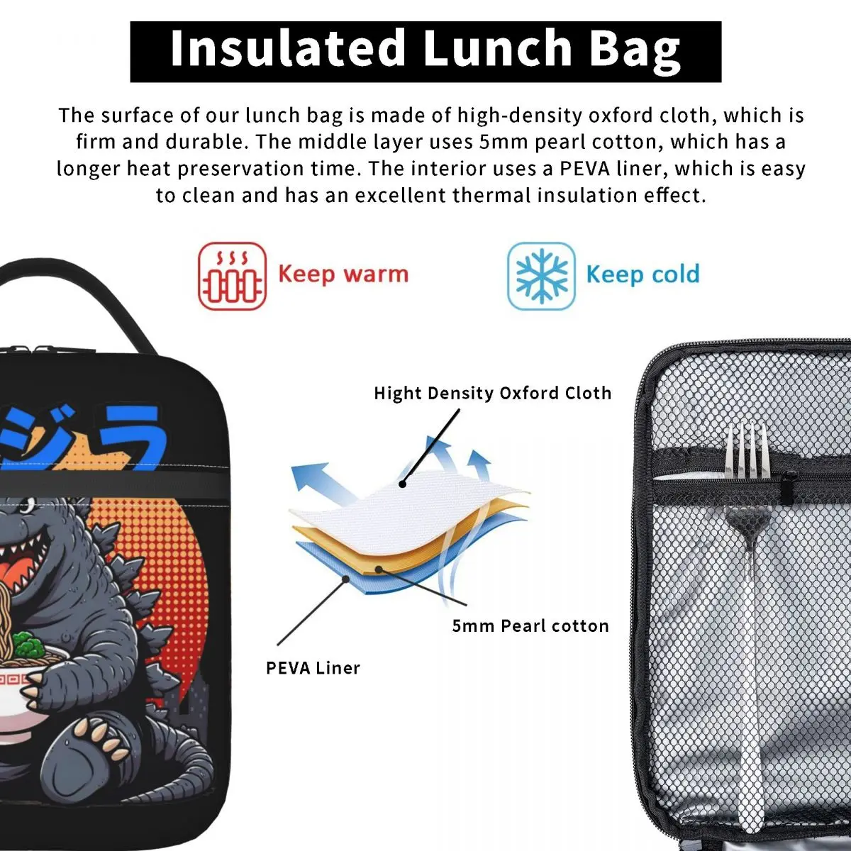 Godzillaed Eating Ramen Insulated Lunch Bag Cooler Lunch Container Large Tote Lunch Box Food Handbags School Travel