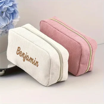 개인화 된 새로운 간단한 코듀로이 핸디 클러치 백 사용자 정의 자수 대용량 메이크업 가방 여행용 수납 선물 가방 로고