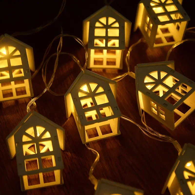 2M 10LED Christmas Wooden House LED Fairy Light String Home Hanging Garland Xmas Tree Ornaments Decoration Lamp 2025 New Year