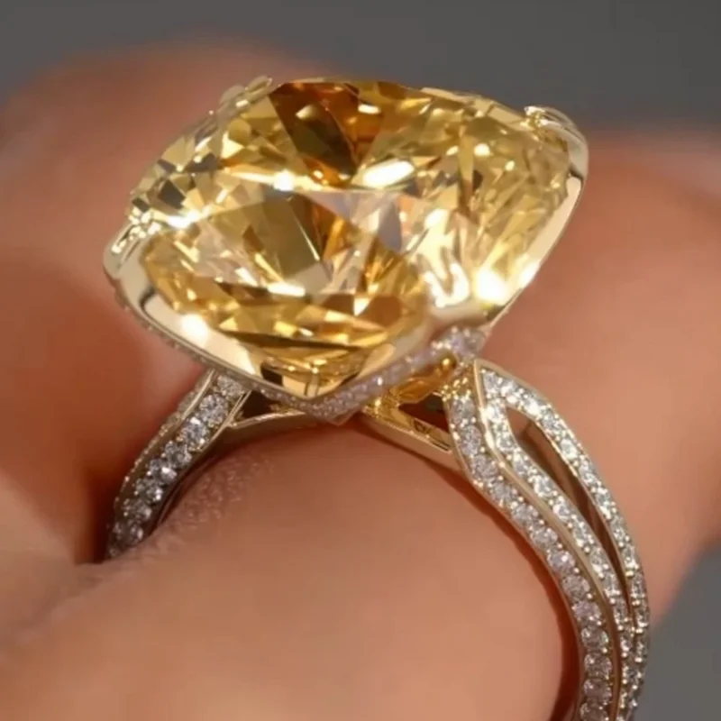 

New Luxury Big Yellow Color Zircon 18k Gold Silver Color designer Engagement Ring For Women Lady Jewelry