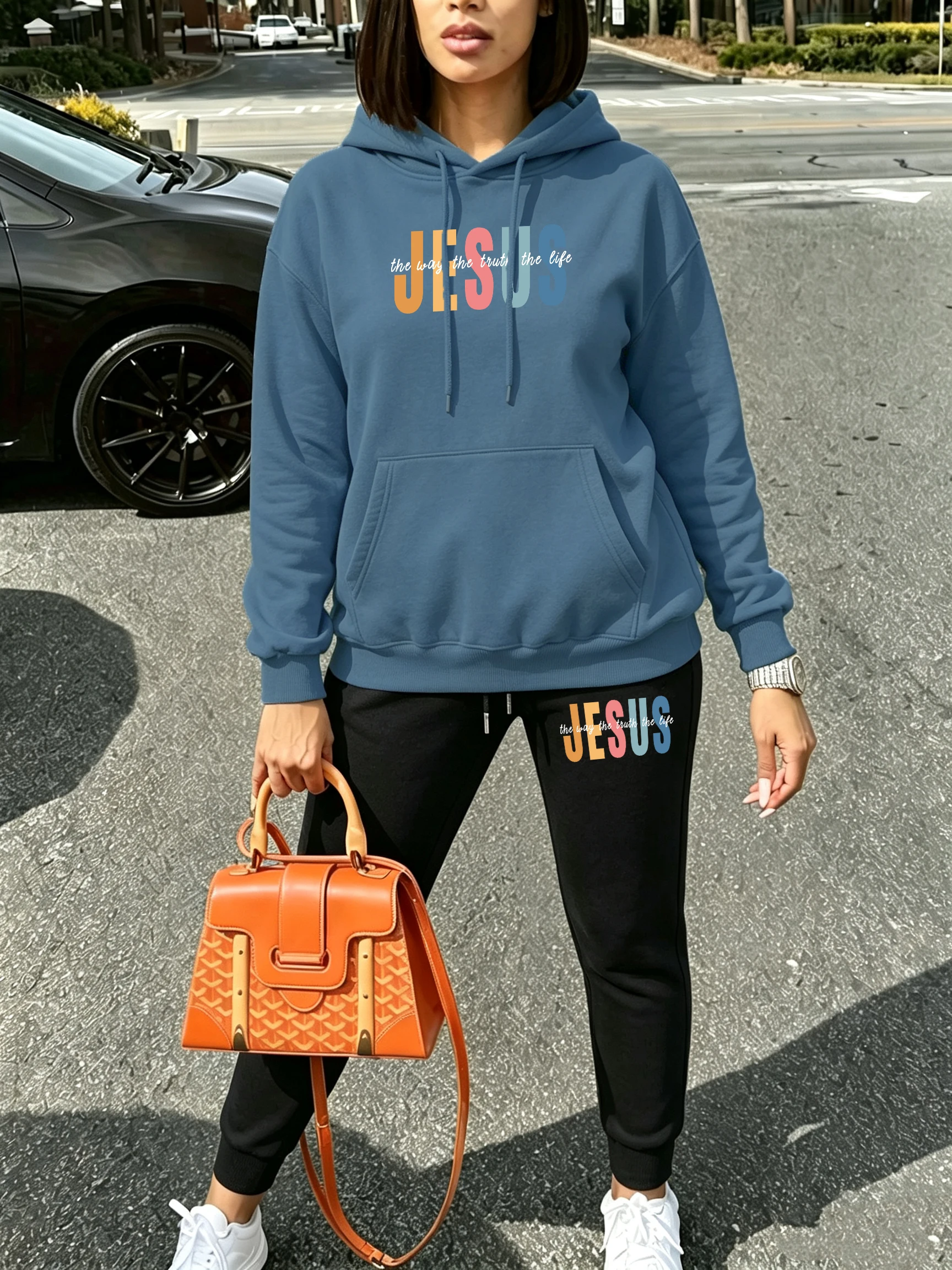 Jesus Color Letter Creative Printed Y2K Women'S Hoodies Set Loose Pullover Pocket Casual Sportswear Fleece Autumn Sweatpant view 2