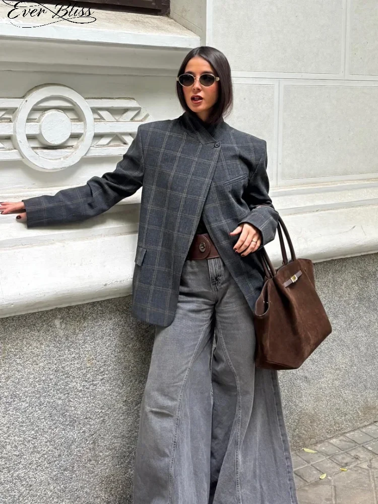 Dark Grey Plaid Oversized Blazer Women Stand Collar Asymmetric Wrap Jacket 2026