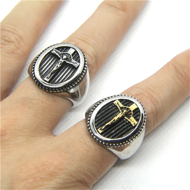 New Jesus Cross Solid Ring For Man 316L Stainless Steel Jewelry Polishing Punk God Ring Size 7-14