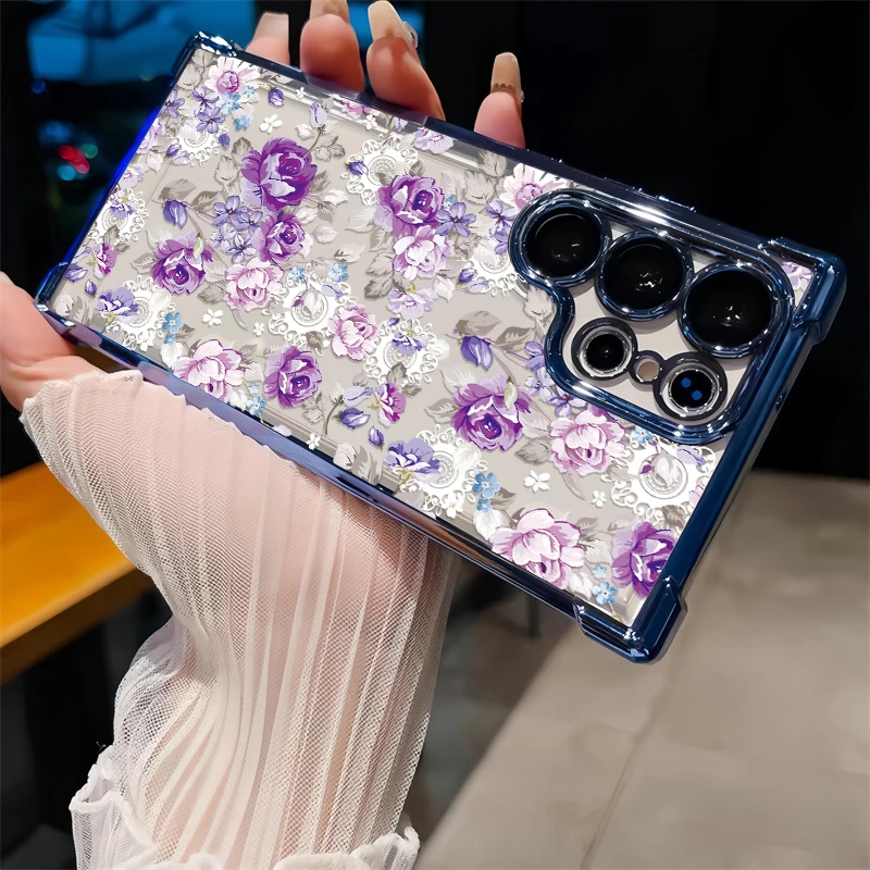 Plating Soft Silicone Phone Case For Samsung Galaxy S20 FE S23 Ultra S22+ 5G S21 Plus Shokproof Clear Flower Pattern Cover