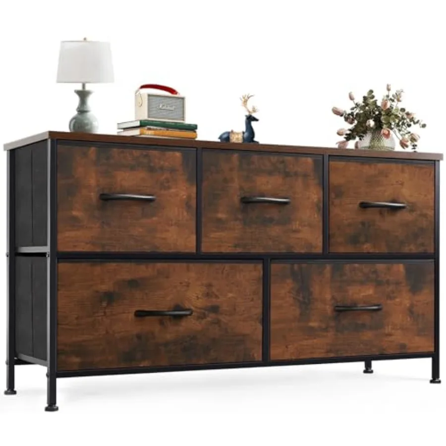 

5 Drawer Dresser for Bedroom Wide Fabric Storage Tower with Wooden Top and Metal Frame Closet Chest Organizer Furniture TV Stan