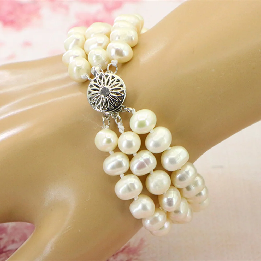 

Glamour Fashion Natural 7-8mm 3 Row Akoya Cultured Pearl Bracelet 4 Colors Women Girls Jewelry Wedding Valentine's Day Gifts