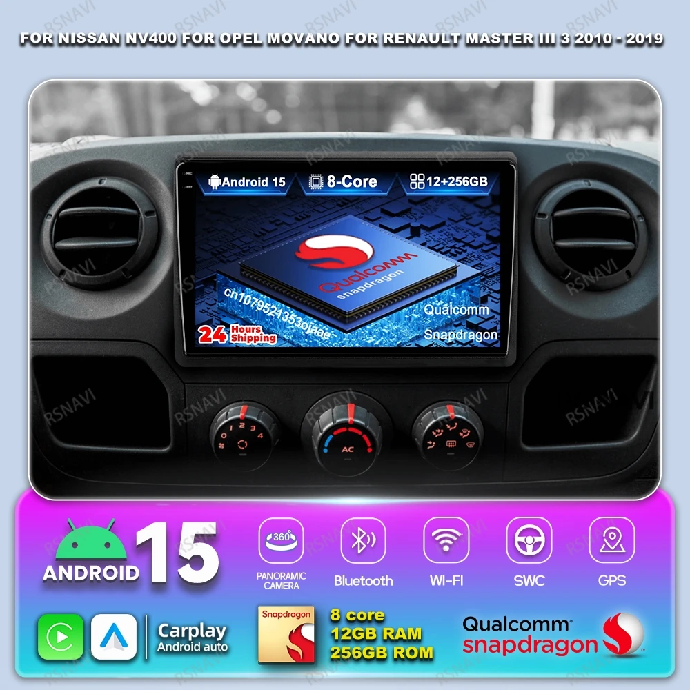 Android 15 Car Radio For Nissan NV400 For Opel Movano For Renault Master III 3 2010 - 2019 Multimedia 5G WIFI DSP GPS Stereo DVD