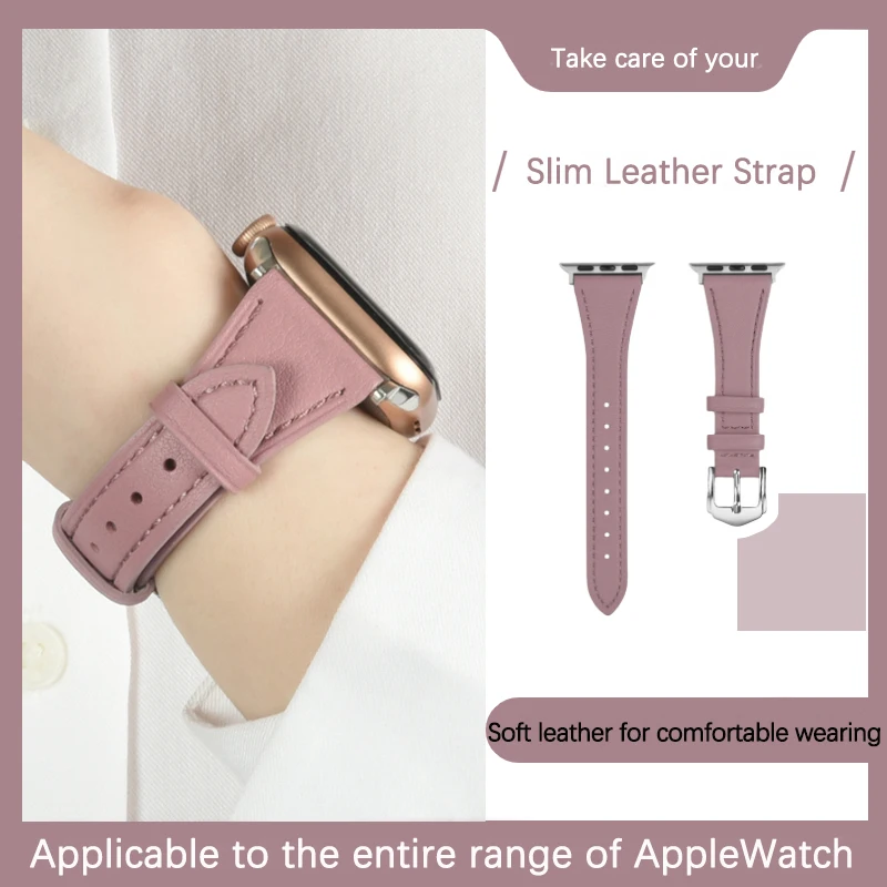 Slim Real Leather Band For Apple Watch 9 8 7 41/45mm cowhide Girl Strap 40mm 44mm 38/42mm 49 Bracelet For iWatch Series SE 6 5 4