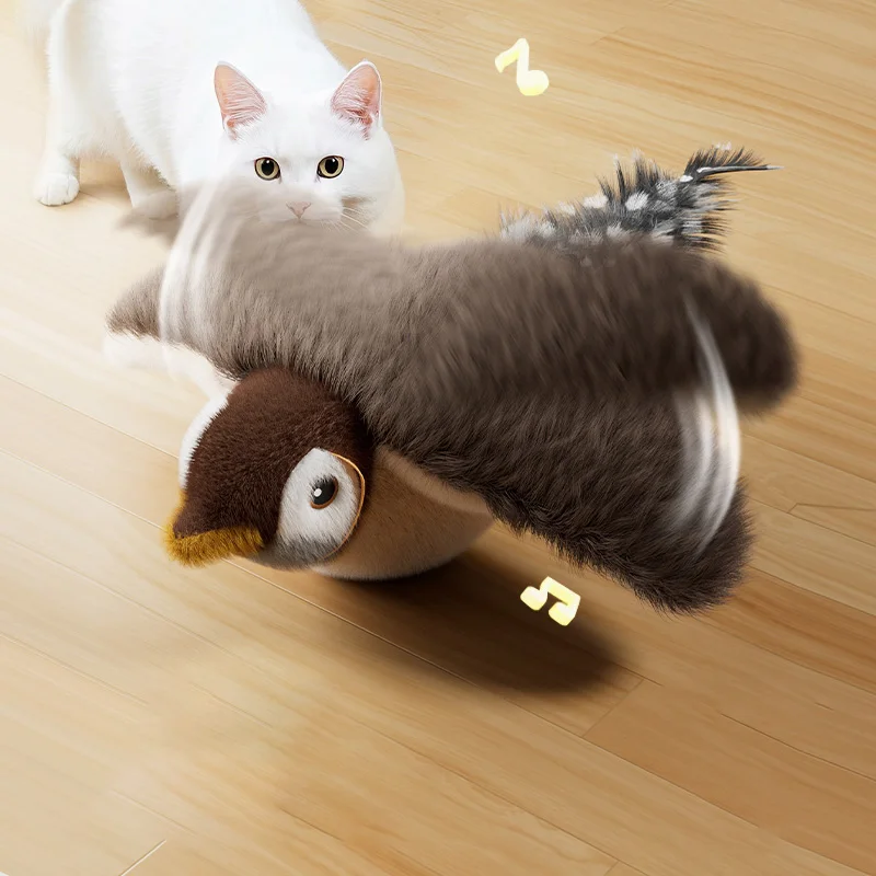 Interactive Cat Toy Chirping Flapping Sparrow Dog Toys Rechargeable Touch Squeak Bird-Shaped Plush Toy with Catnip Pet Supply