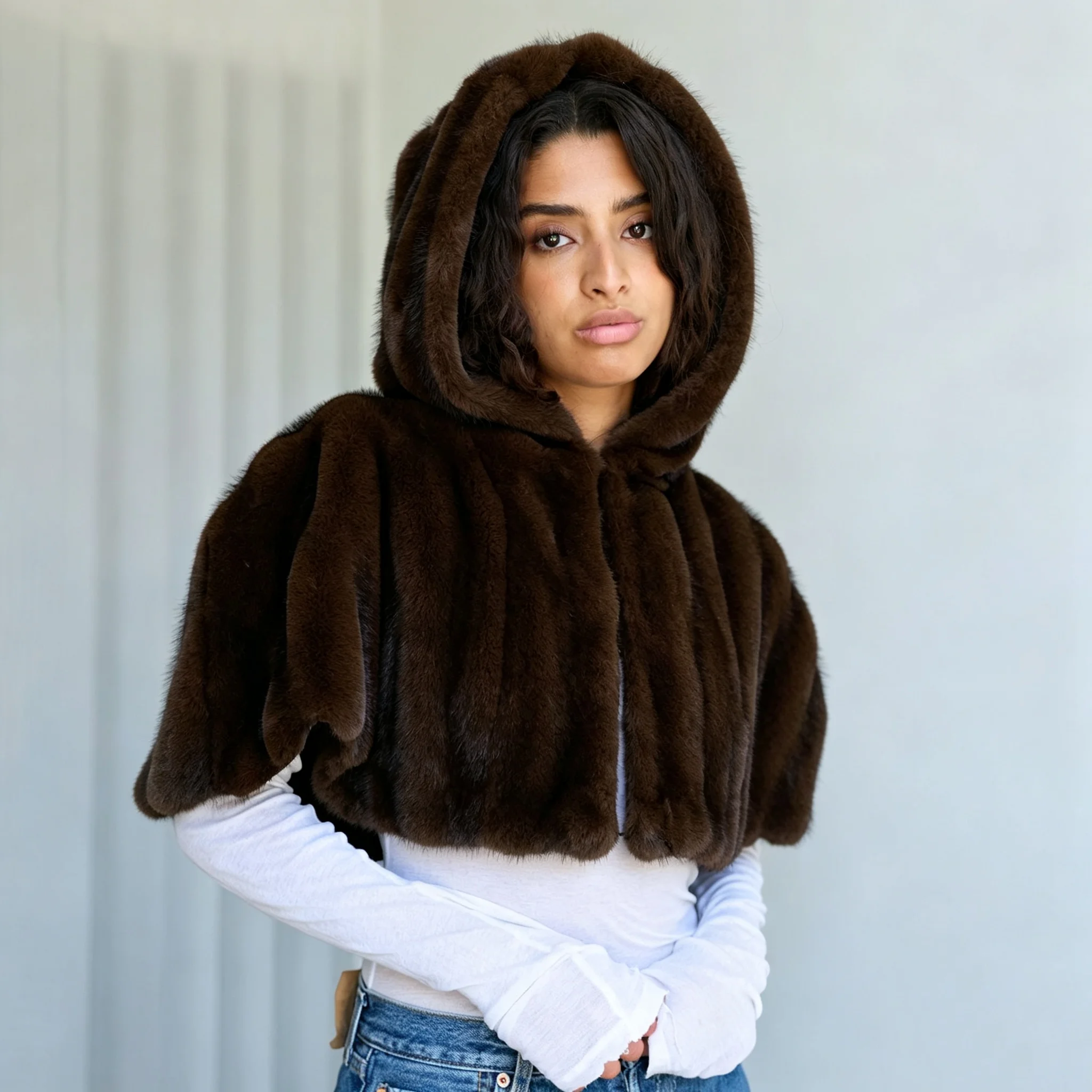 RU Women Faux Fur Hooded Cape Shawl Zip Front Short Poncho Warm Autumn Winter Plush Ladies Party Outerwear Shoulder Wrap Stole