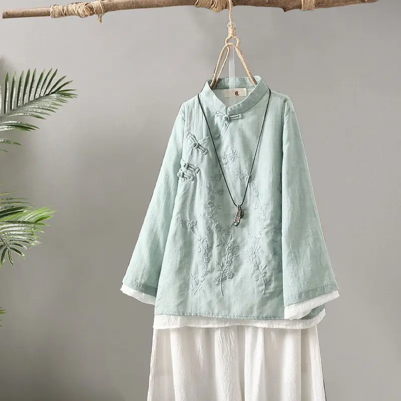 Women Chinese Style Embroidery Shirts Traditional Temper Aesthetics Blouse Vintage Hanfu Zen Tea Tops Chic T-shirt
