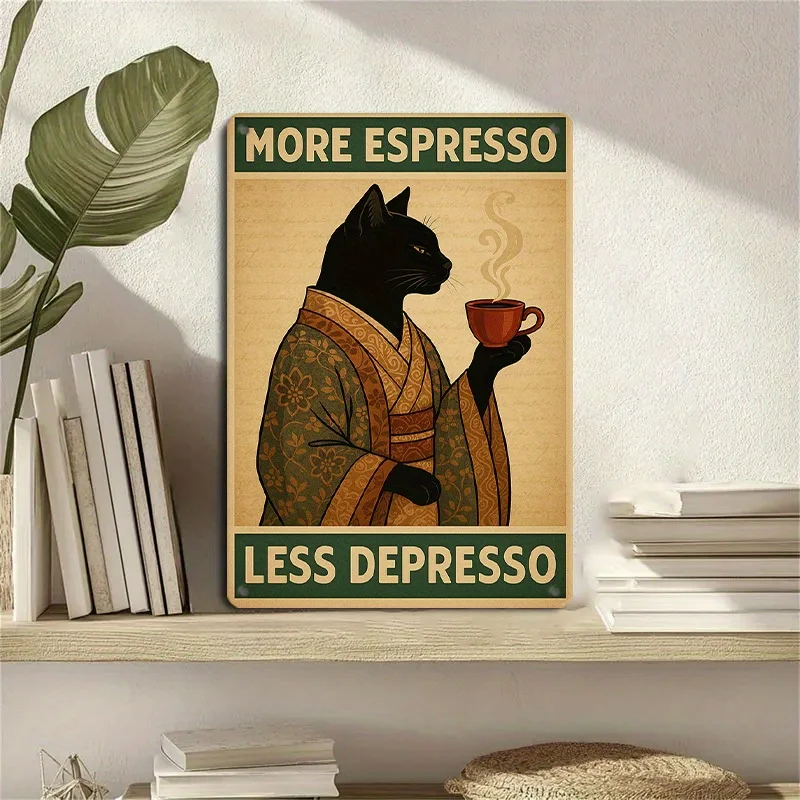 [1pc Sign] Coffee Tin Sign, More Espresso Less Depresso, Black Cat Design, Funny Cafe Sign, Coffee Shop Decor, Modern Wall Art