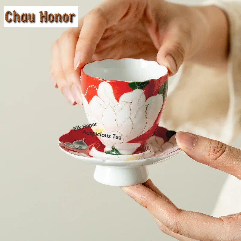 

75ml Hand-painted Butterfly Peony Red Teacup Elegant Tea Bowl Cup Holder Kits Tea Tea-tasting Smelling Cup Jianzhan Master Cups
