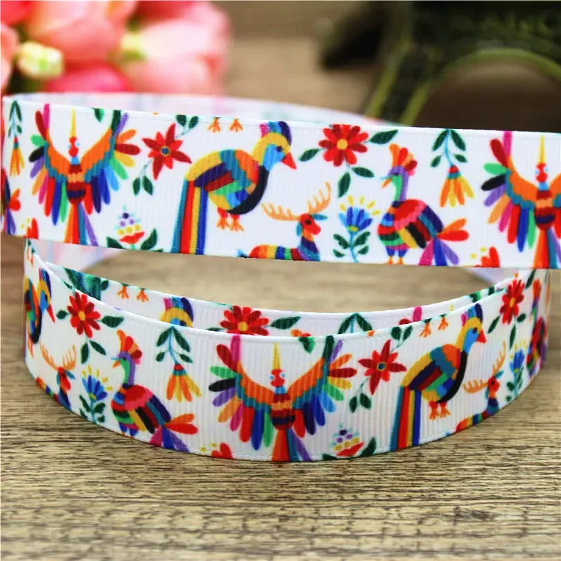 DHK 22mm 10yards Mexican Flowers Skull Printed Grosgrain Ribbon Accessories Headwear Decoration Collar DIY Sewing Craft B2384