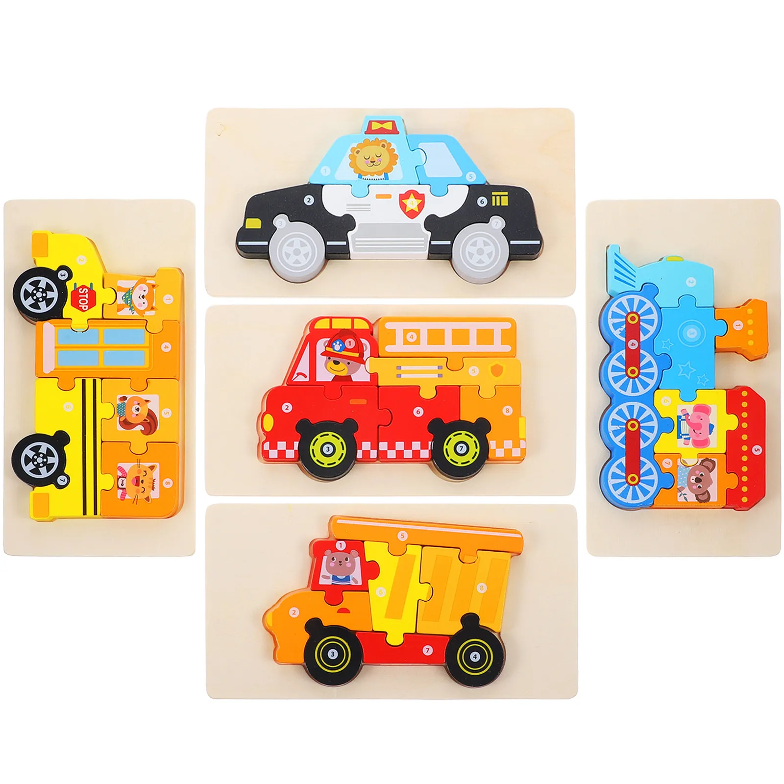 

5Sets Wood 3D Puzzle Cartoon Design Educational Learning Game for Toddlers Kids Children Wooden Puzzles Cognitive Development