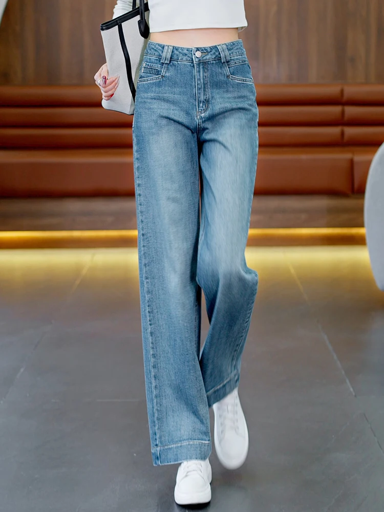 

Светло-голубые женские джинсы с высокой талией, прямые широкие штанины, повседневные свободные джинсы длиной 7/8, в корейском стиле, для работы и отдыха