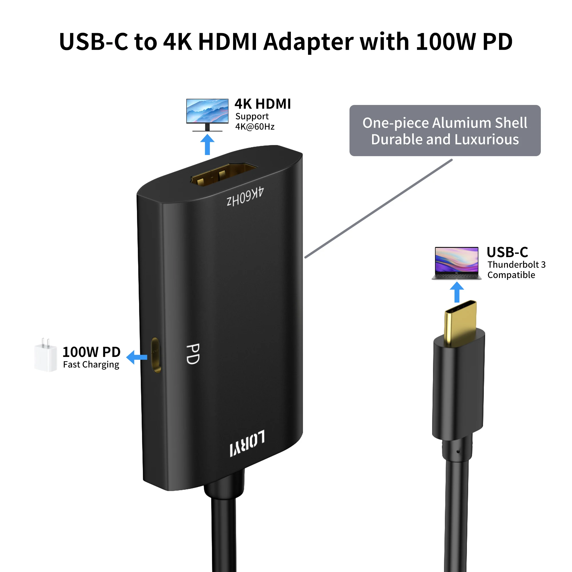 LORYI USB C TO HDMI Adaptor 4K 60Hz Thunderbolt 3/4 Compatible Type C To HDMI Cable For MacBook Pro Air iPad Laptop And More