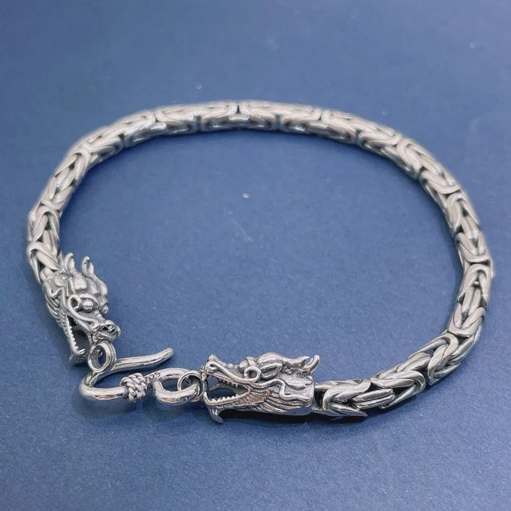 

Real Solid 925 Sterling Silver Chain Men Dragon Head 4mm Byzantine Bracelet 18g/20cm