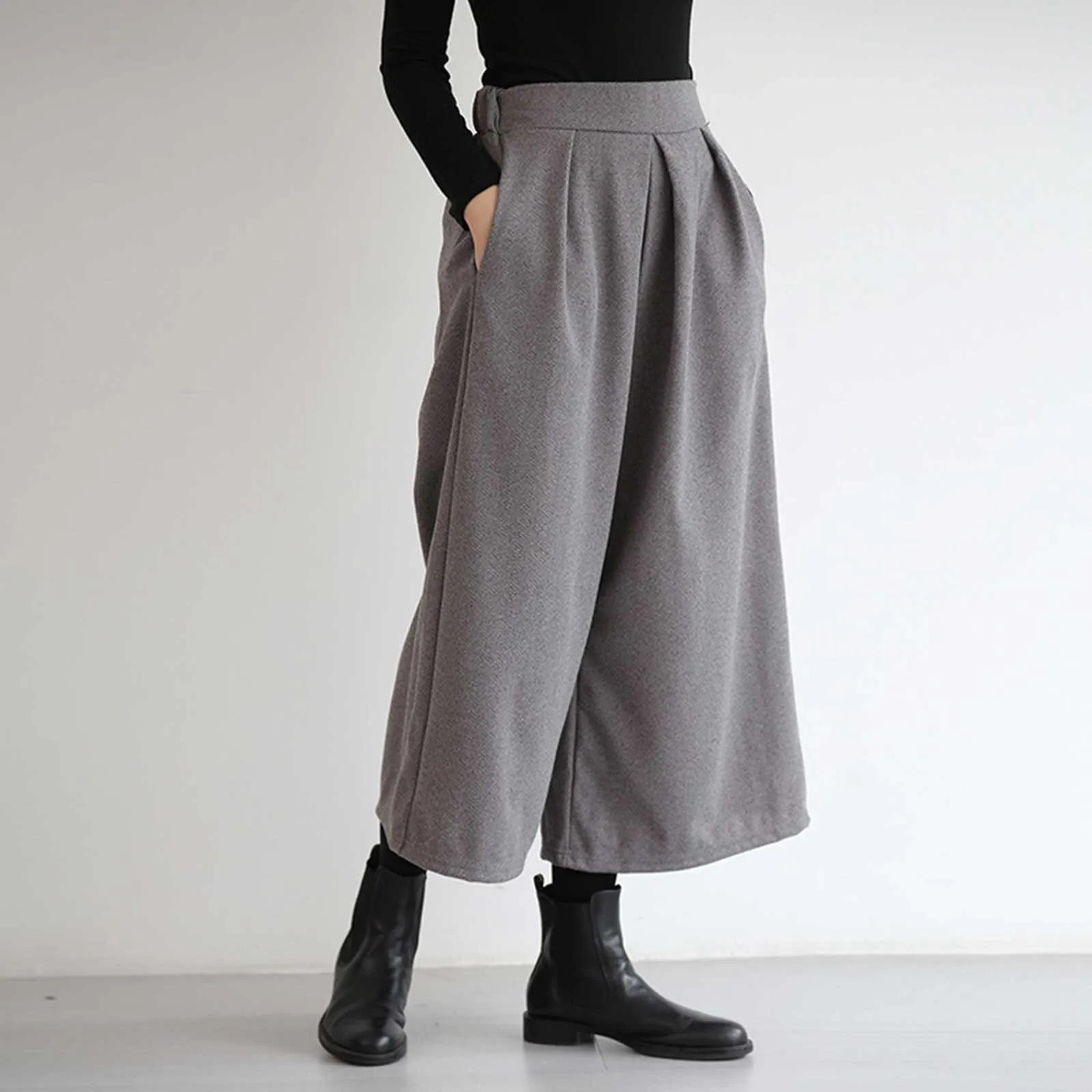 

Women Fashion Solid Woolen Culottes Loose Wide Leg Pants Nine Quarter Pants Women Casual Dress Pants for Work