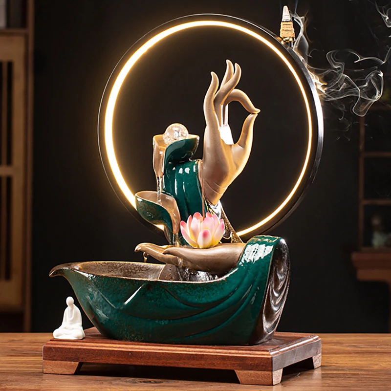 Zen-Inspired Lamp With Water Circulation Fountain, Fortune-Bringing Feng Shui Backflow Incense Burner Ornament, Buddha Hand Deco
