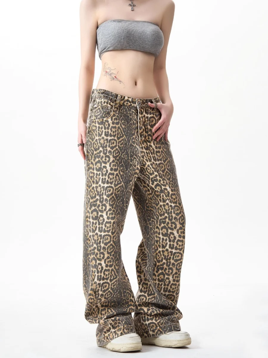 Imagem -04 - Jeans Vintage com Estampa Leopardo para Mulheres Calça Casual de Pernas Largas Pantera de Cintura Alta Moda Primavera Tamanho Grande