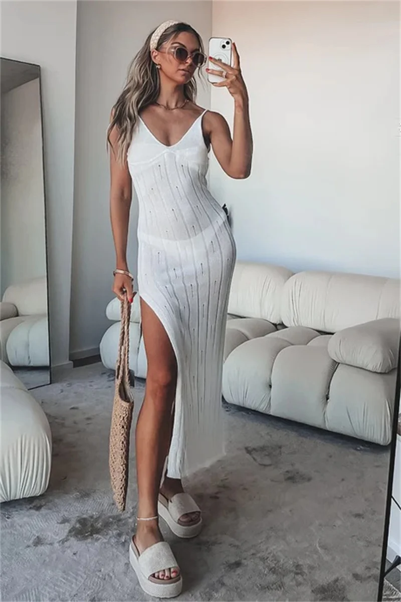 Sexy Backless Long Knit Dress for Women, Crochet Swimsuit Cover-ups, Tunic Bodycon Dress, Beach Bikini Cover Up