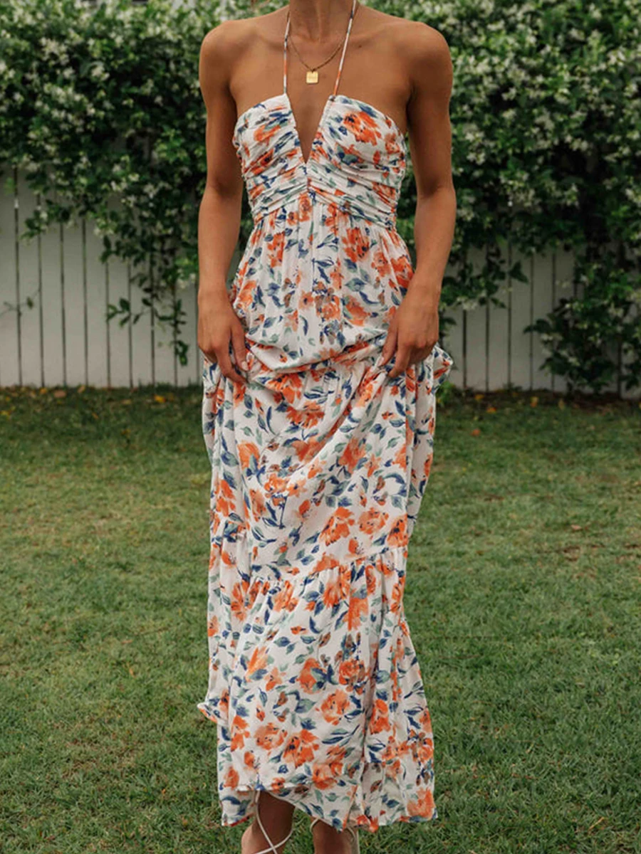 New Fashion Women Long Dress Elegant Sleeveless Tie-Up Halterneck Floral Dress Summer Swing Dress Hot Sale S-XL
