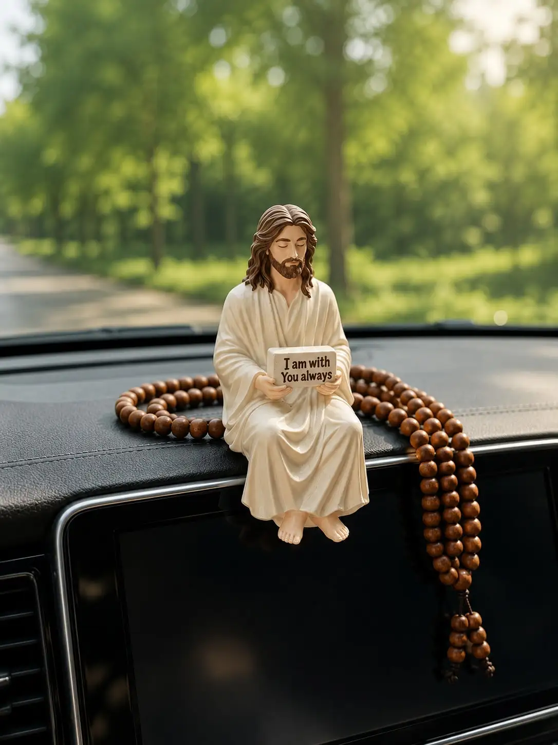 Jesus Christus Auto-Armaturenbrett-Ornament mit Holz-Rosenkranzperlen Religiöse Figur Auto-Innendekoration Christliches Geschenk