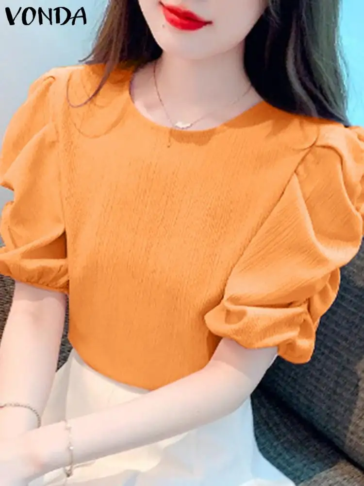 

VONDA Fashion Short Puff Sleeve Blouse 2024 Women Summer Shirts Elegant O Neck Solid Color Tunic Tops Casual Loose Blusas Femme