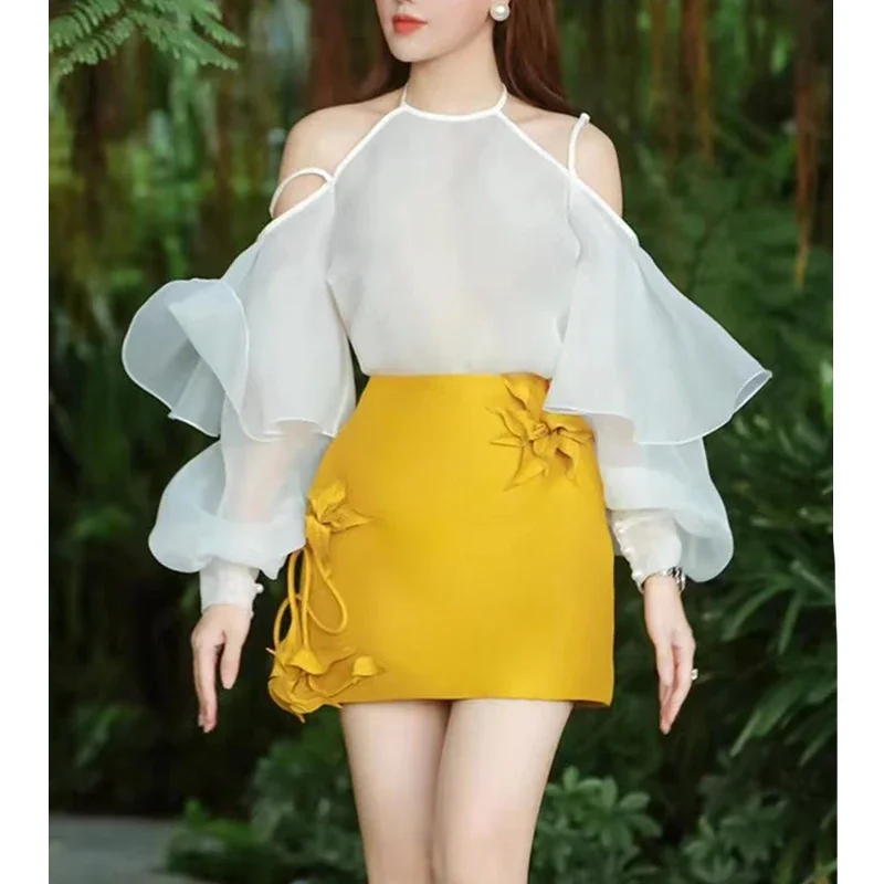 

New Elegant White Blouse + Yellow Skirts Women Vintage Summer Two Piece Sets Luxury Design Party Matching Sets Ruffle