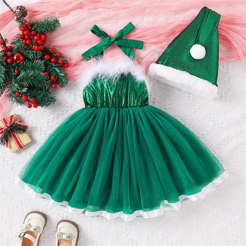 Toddler Baby Girls Christmas Costume Party Dress with Hat Ruched Fluff Trim Tulle Tutu Mini Dress with Santa Hat