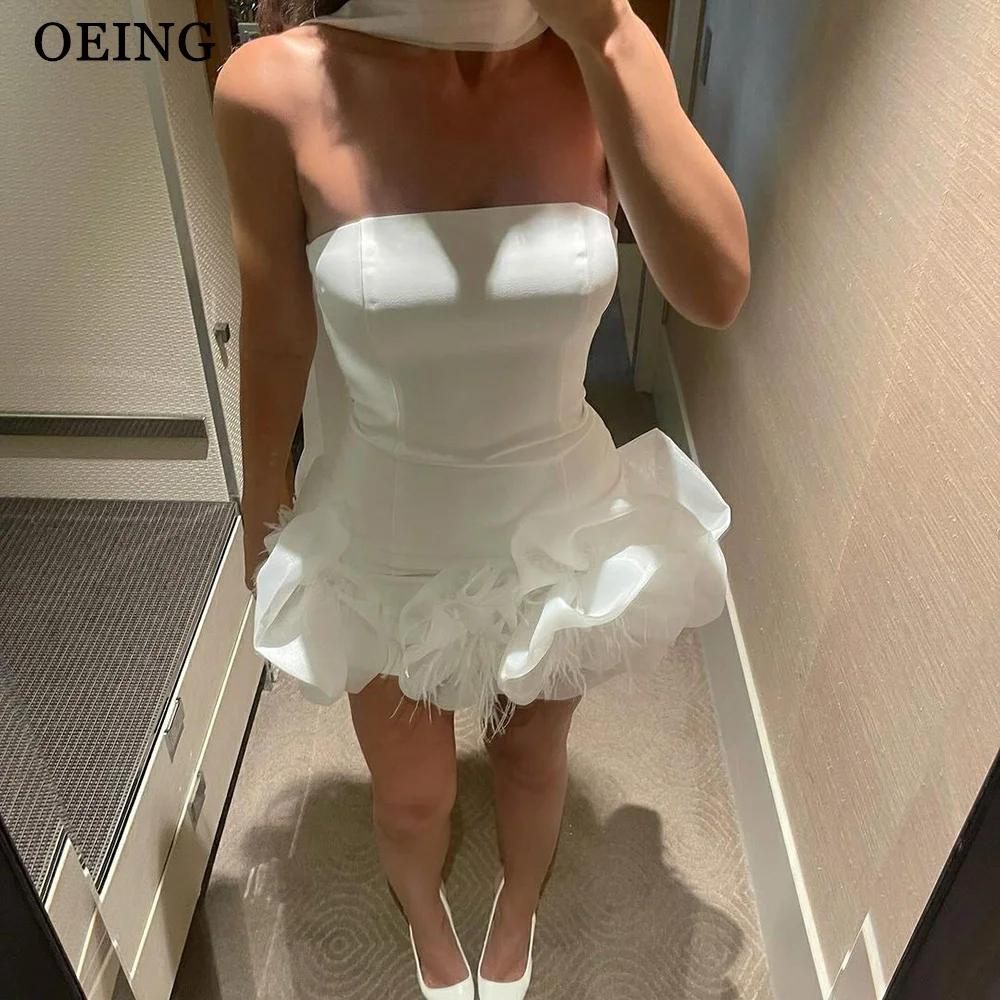 

OEING 3D Flowers Cocktail Homecoming Dresses Princess Strapless Feathers Wedding Party Dresses Special Events Mini Prom Gowns