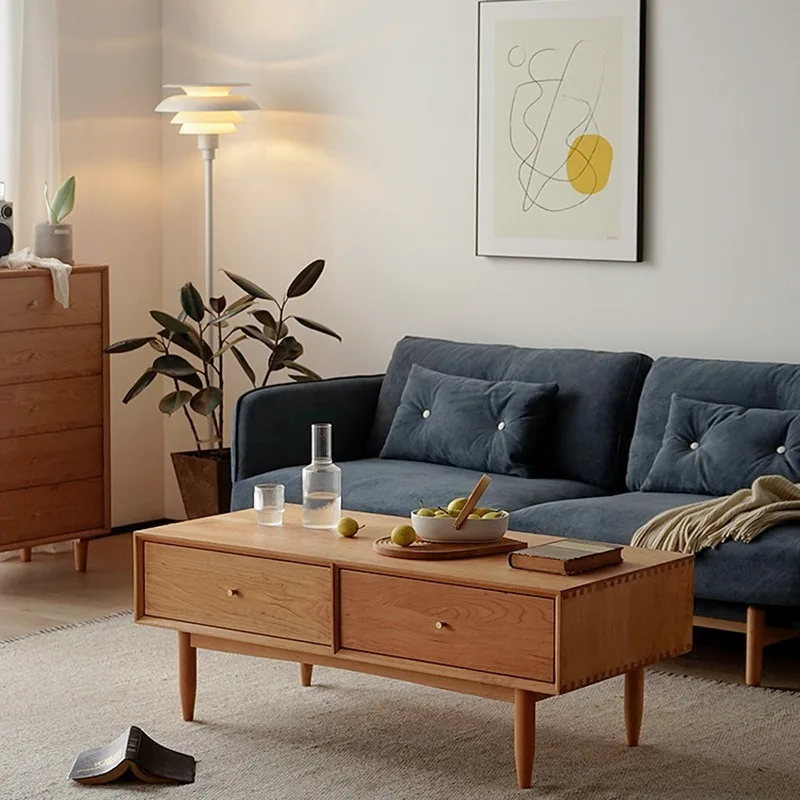 Cherry wood coffee table cabinet, all solid wood tea table small apartment storage log floor cabinet