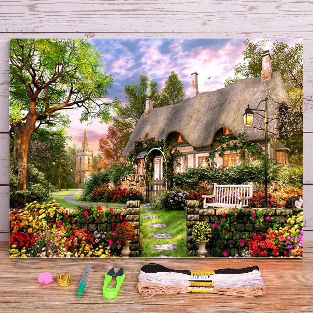 House Flower Landscape Printed Fabric 11CT Cross Stitch Kit Embroidery DMC Threads Painting Handmade Handiwork Sewing    Decor