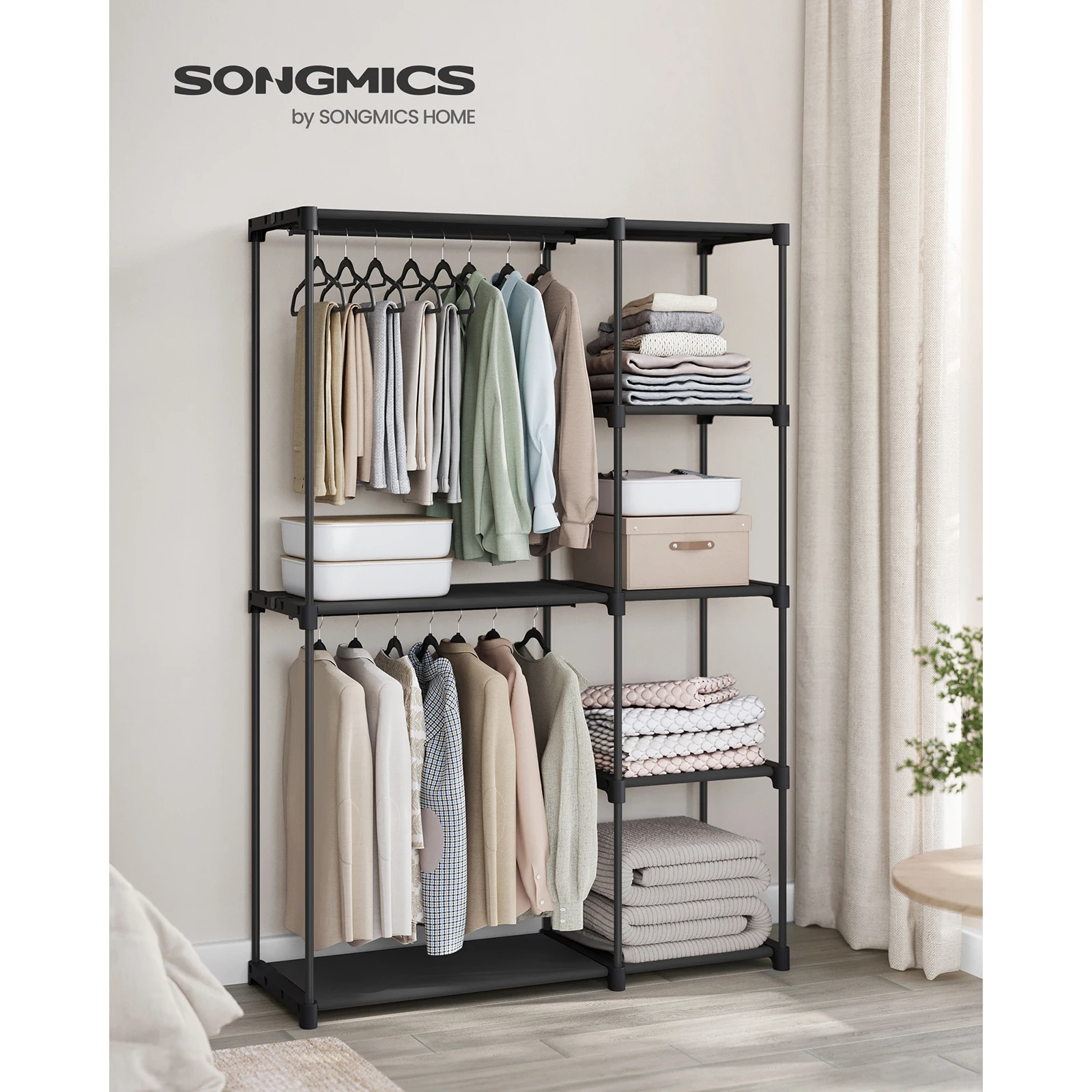 SONGMICS Freestanding Wardrobe, Foldable Closet, Coat Rack with Clothes Rails, Open Storage Wardrobe, Cloakroom, Bedroom