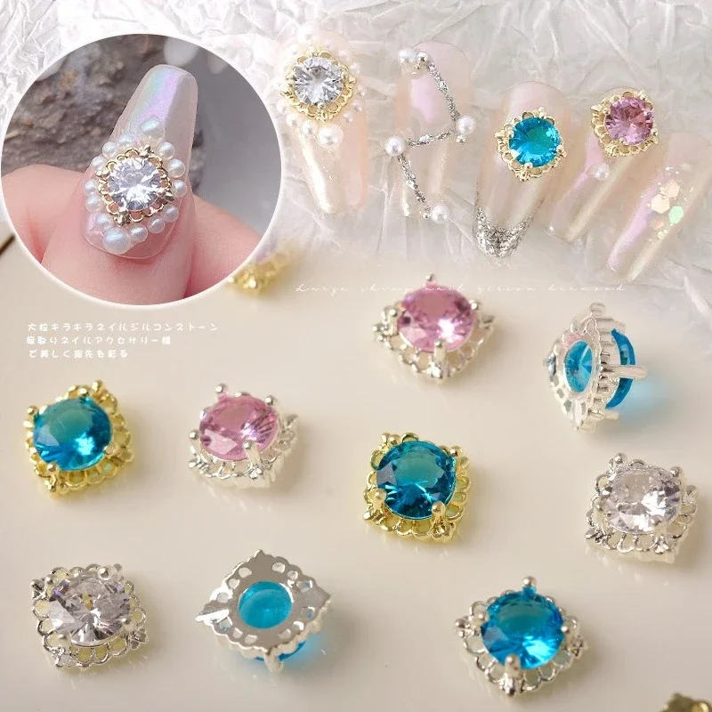 1Pc Colorful Large Zircon Nail Charms, Shiny Luxury Hollow Metal Ornaments For Exquisite Bridal Press On Nail Decor