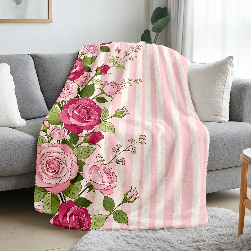 Romantic Rose Throw Blanket Pink Stripe Large Floral Art Print Soft Flannel for Kids Room Sofa Lap Flower Theme Decor Gift