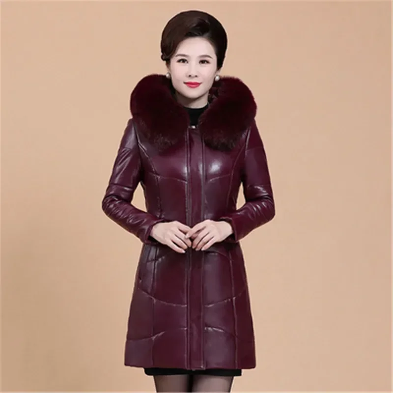 Mother Winter Leather Jacket Women Leather Hooded Warm Women Winter Leather Coat