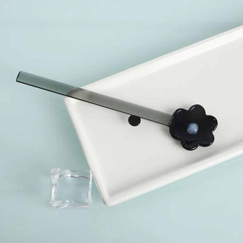 ملعقة زجاجية بمقبض طويل، ملعقة حلوى من الزجاج الشفاف الإبداعي، على شكل زهرة، ملاعق تقليب القهوة الملونة، شريط لاصق