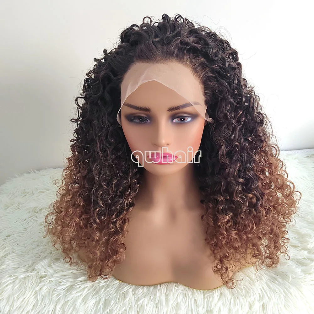 

QW Synthetic Hair Ombre Brown Kinky Curly Lace Front Wig for Women Frontal Wigs Glueless Heat Resistant Fiber Party Cosplay