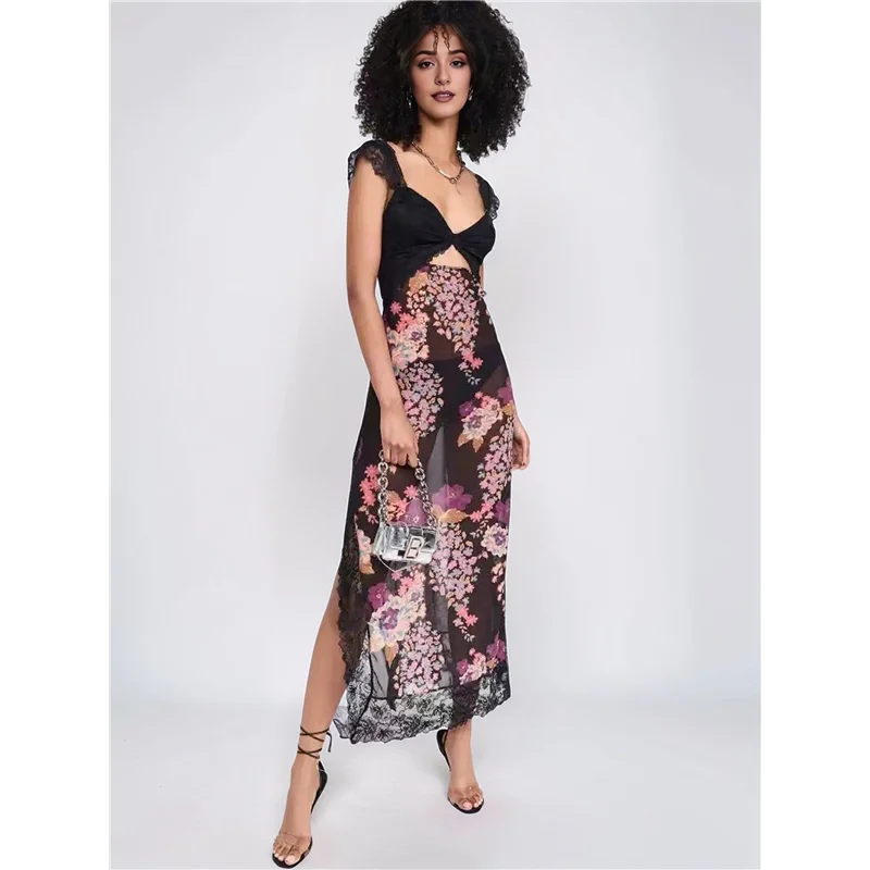 Asds-feminino renda retalhos malha maxi vestido floral impressão recorte querida pescoço sem costas fenda verão y2k vestidos longos